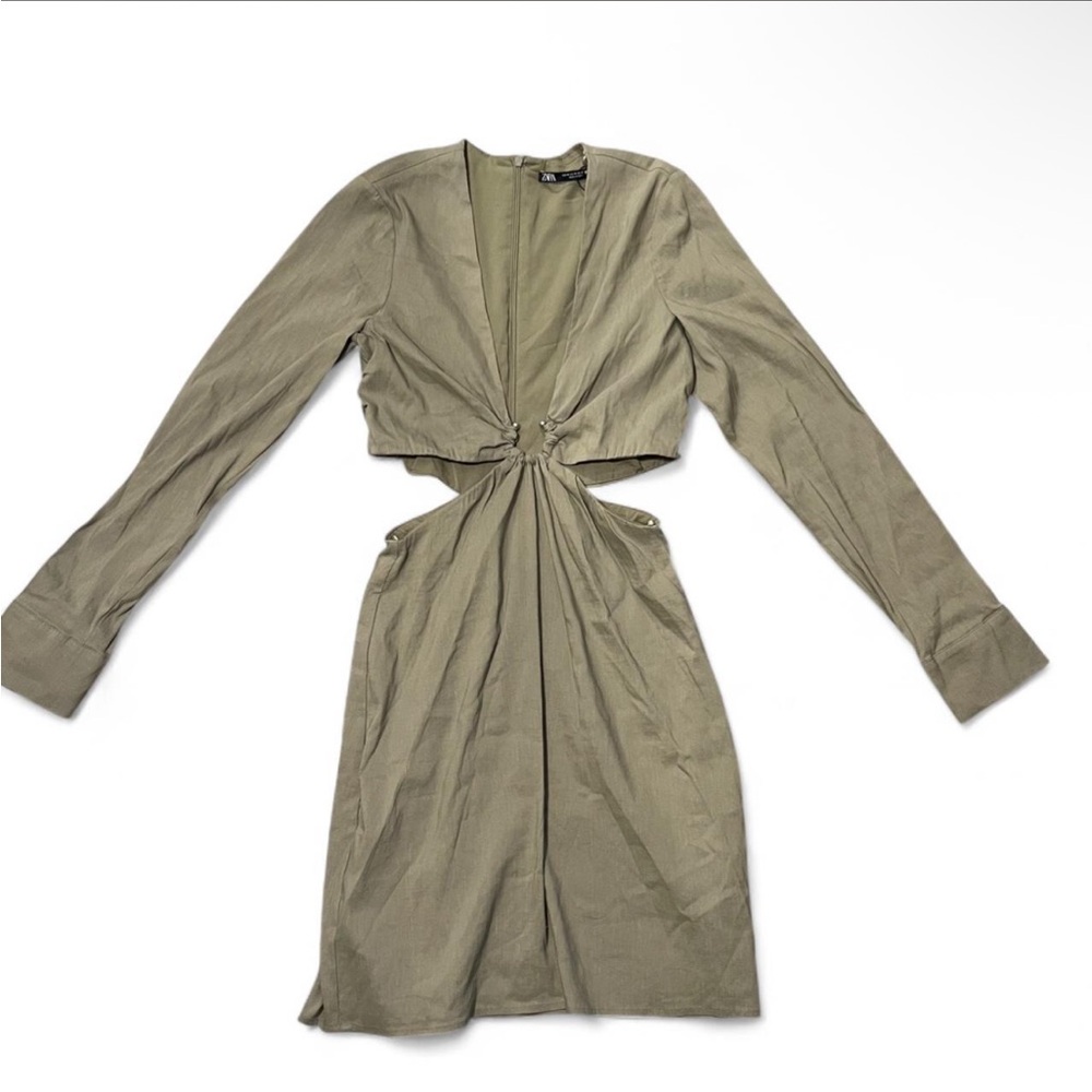 NWT Women’s Zara Olive Green Long Sleeve Cutout Midi Dress